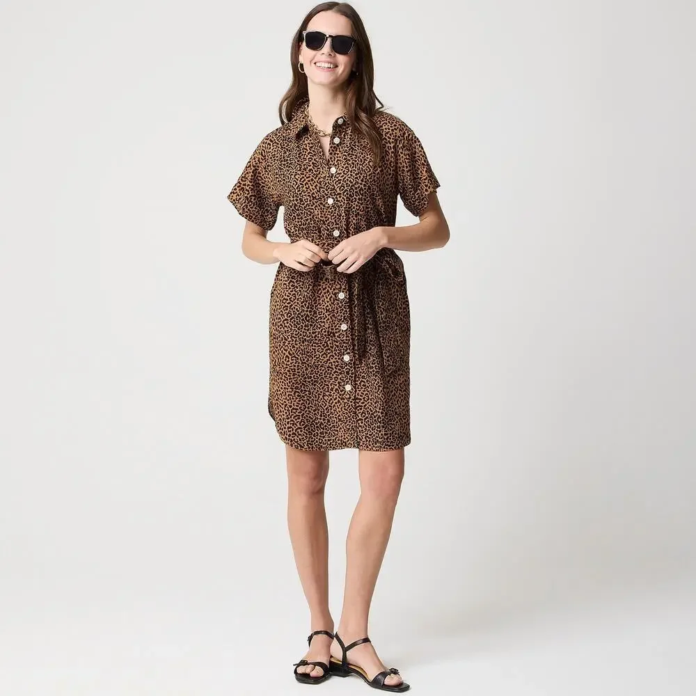 NWT J.Crew Factory Leopard Linen Blend Shirt Dress Belted Large - Picture 3 of 13